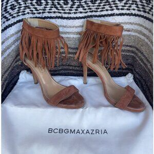 BCBG - tan suede heels fringe ankle - great condition with the dust bag and box